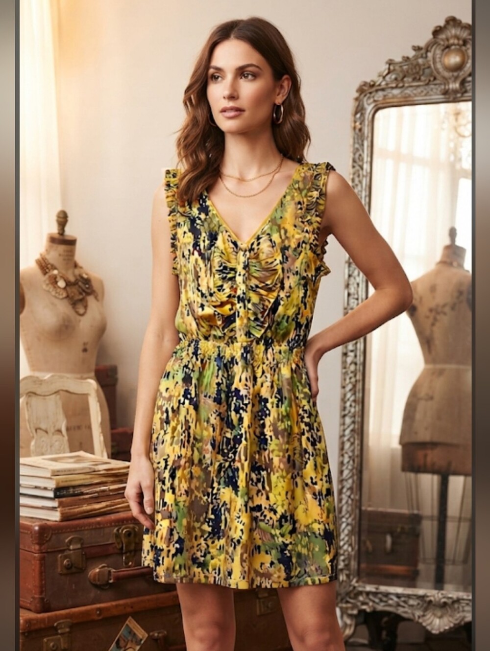 Vintage Arden B Yellow and Navy Abstract Ruffle Dress